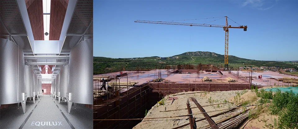 Comparison composite showing an interior rendering of stainless steel fermentation tanks beneath a timber skylight alongside a construction photo of a concrete winery floor slab by Yanfei Architects.