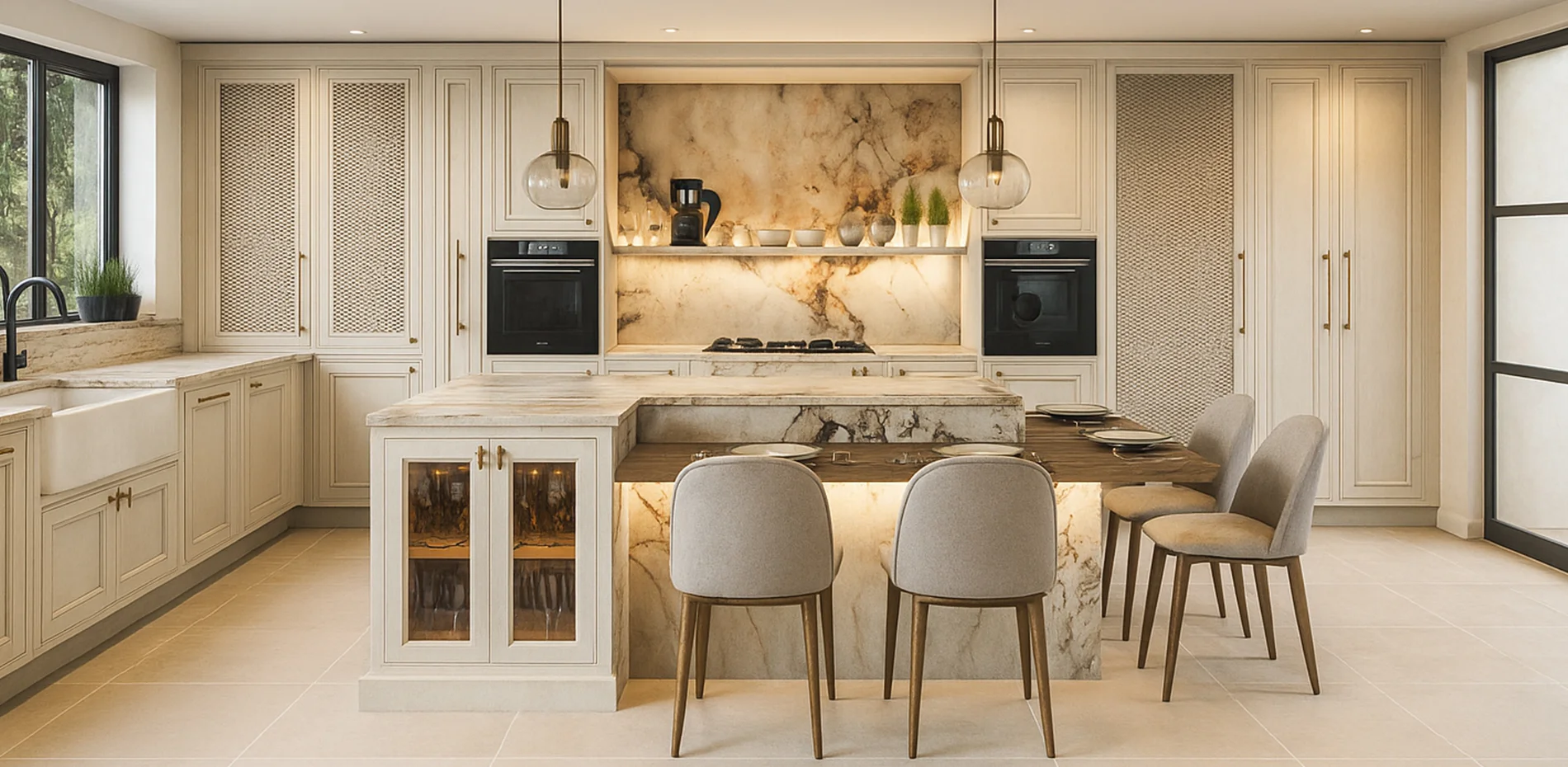 Custom bespoke kitchen by The Wood Works featuring veined marble splashback, integrated appliances, and a cantilevered timber dining table.
