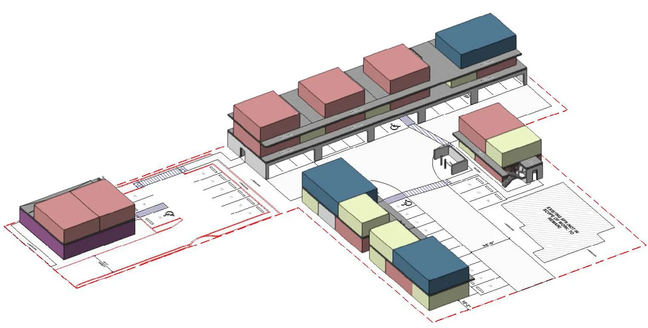 Axonometric site diagram of Elm Street Multi-Family Development Plan by Hunter Smith Architecture showing modular housing blocks and parking layout.