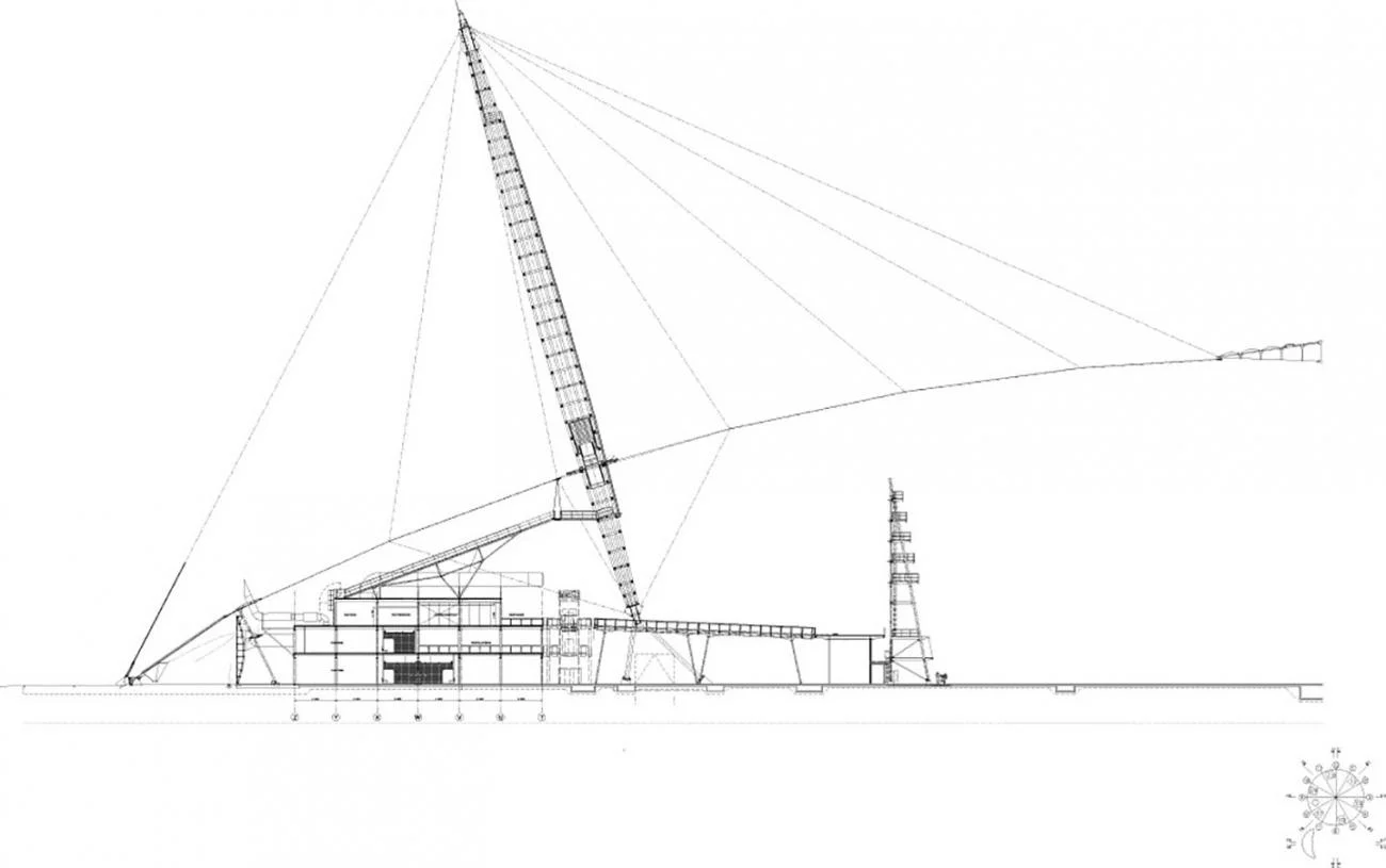 Architectural section drawing of the Millennium Dome by Richard Rogers, showing the central mast and cable-net system.