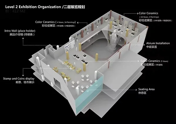 Axonometric 3D diagram of Level 2 exhibition organization with labels by AntiStatics.