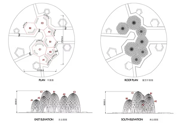Architectural plans and elevations by AntiStatics showing clustered diagrid dome structures.