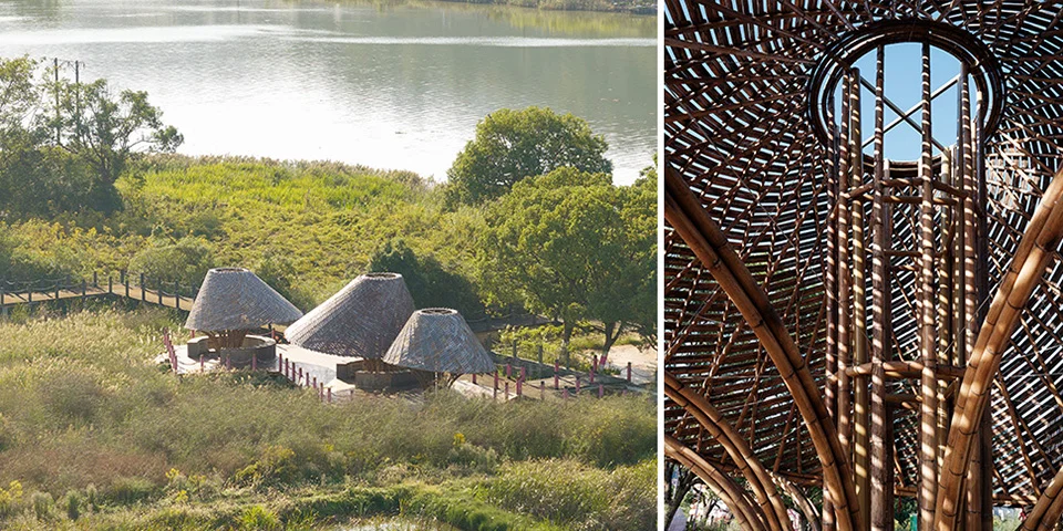 Two-panel composite showing conical bamboo pavilions near water and an interior view of their woven bamboo dome structure by FLIP studio.
