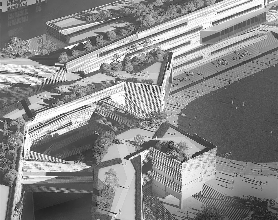 Physical architectural model of a terraced campus complex with layered roofs and outdoor ramps by 00Group.