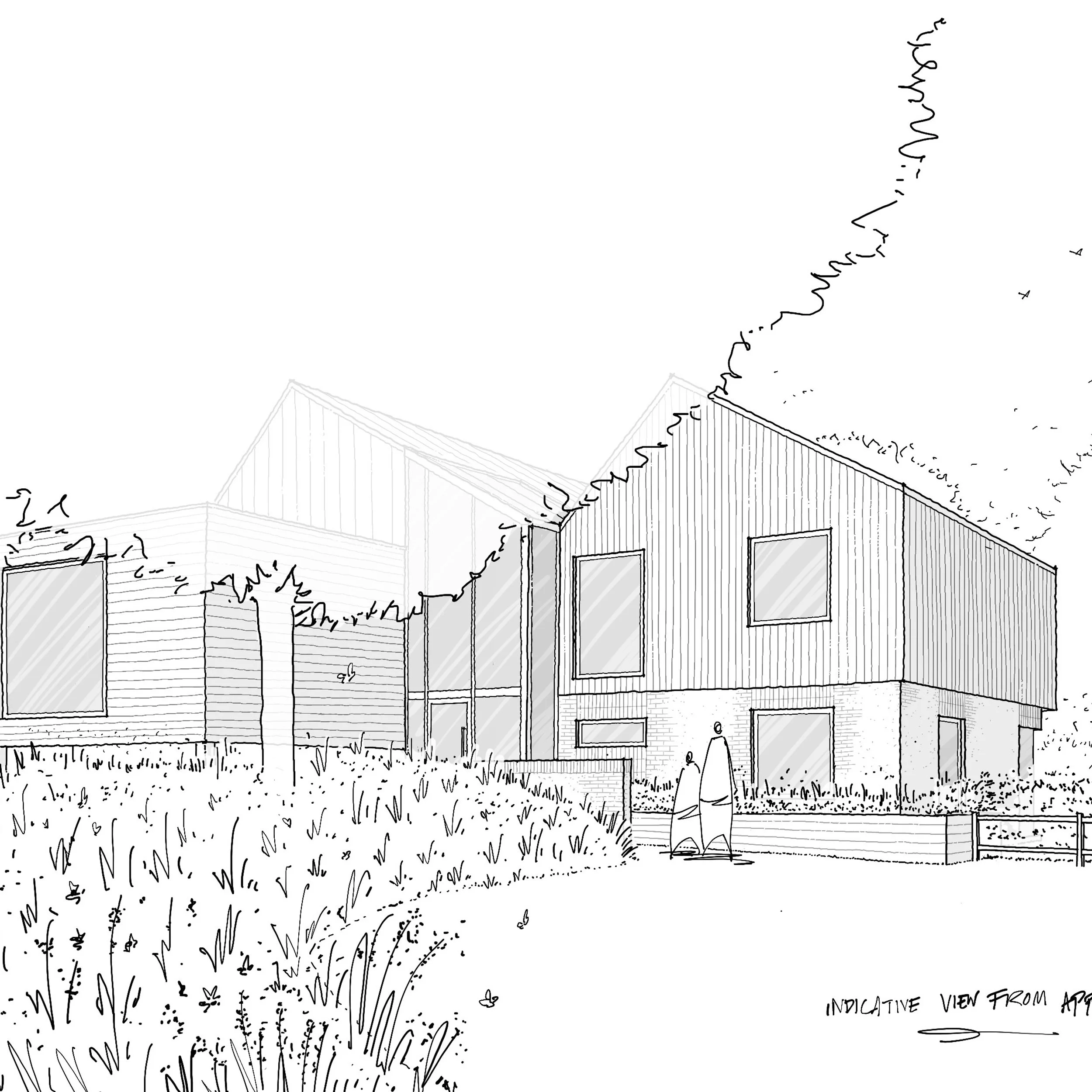 Architectural line sketch by PiP Architecture showing gabled volumes and board siding set in a rural landscape.