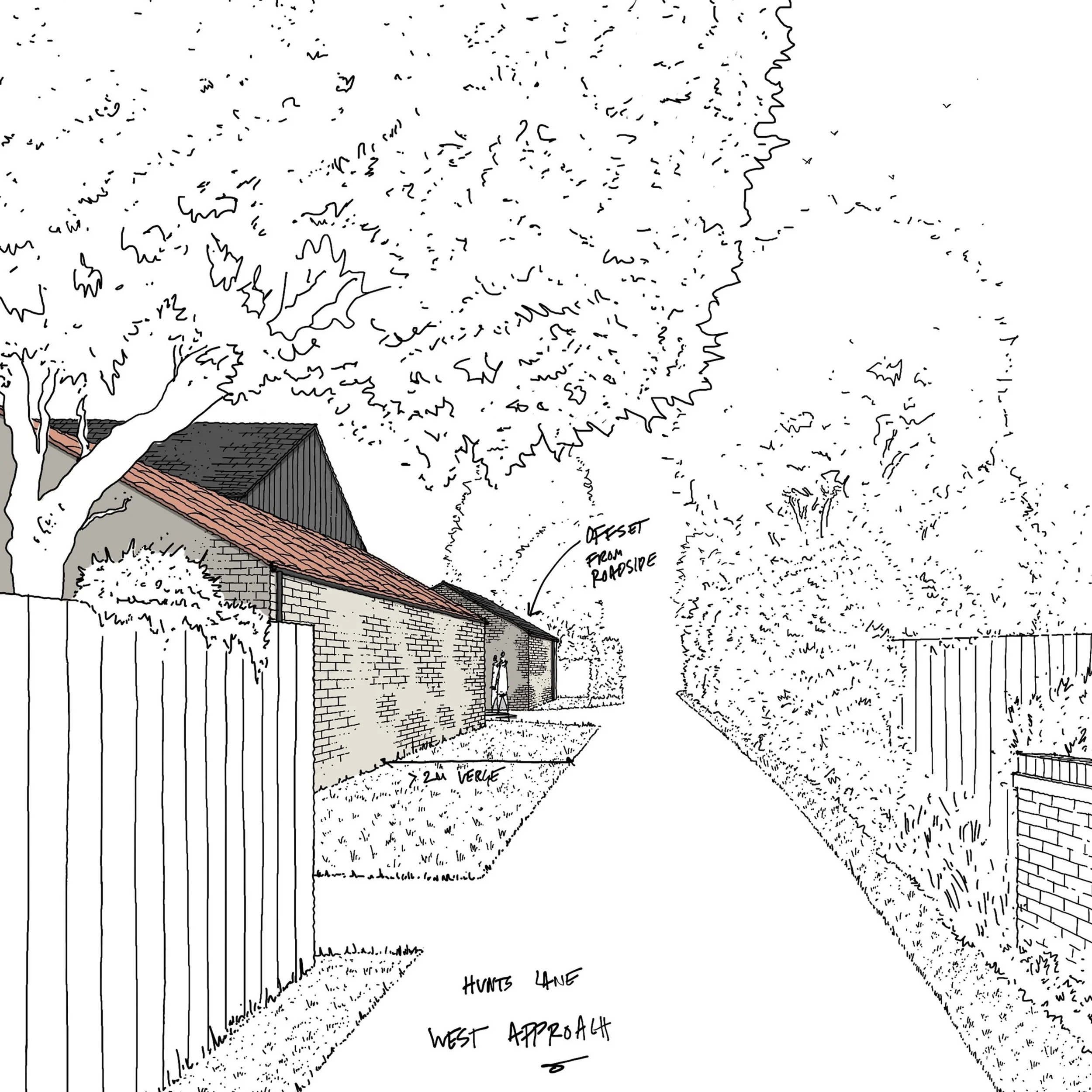Sketch perspective showing Hunts Lane West Approach with set-back building masses and verges by PiP Architecture.