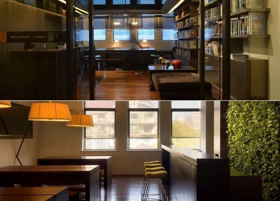 Split view of Horizon & Atmosphere studio office interior featuring timber desks, built-in bookshelves, glazed partitions, and a living green wall.
