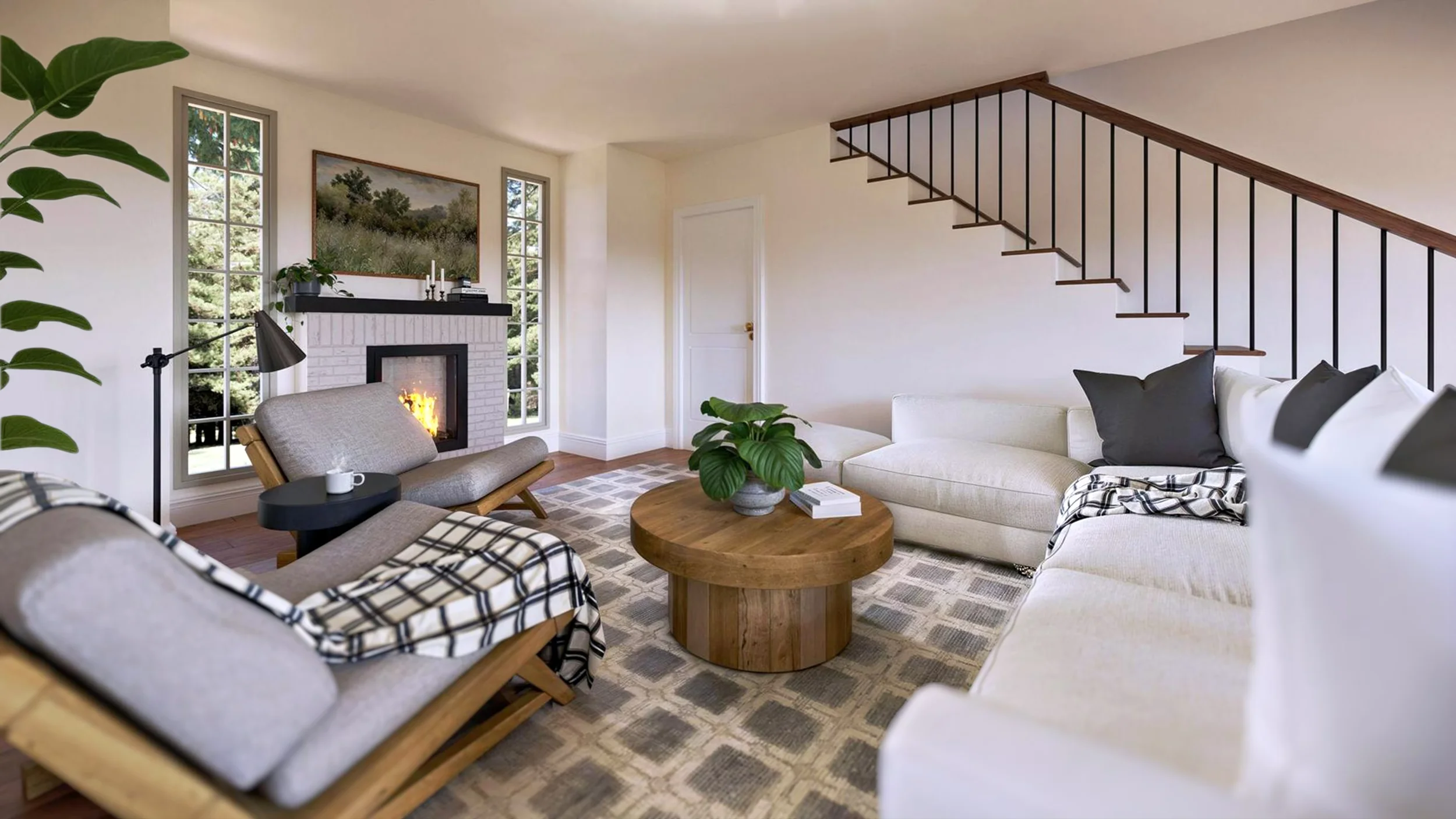 Living room interior with a fireplace, open wood stairs, and neutral furniture by ATMO Architecture & Interiors.