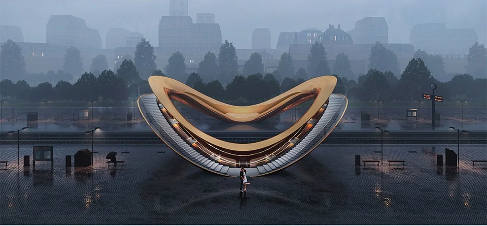 A futuristic looped pedestrian bridge with reflective metallic finish in a misty urban plaza by XING DESIGN.