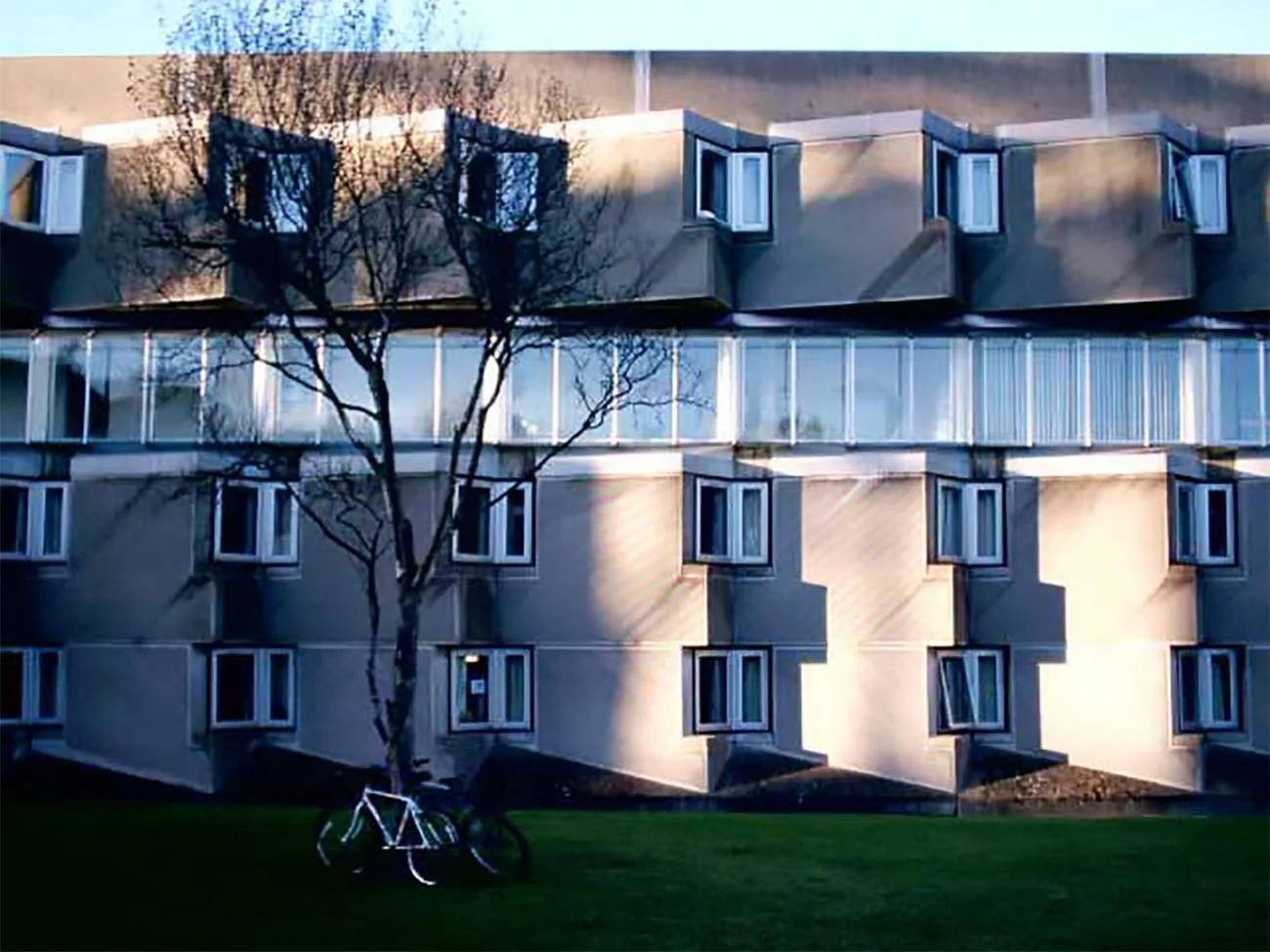 Faceted precast concrete facade of St Andrews University student housing by James Stirling.
