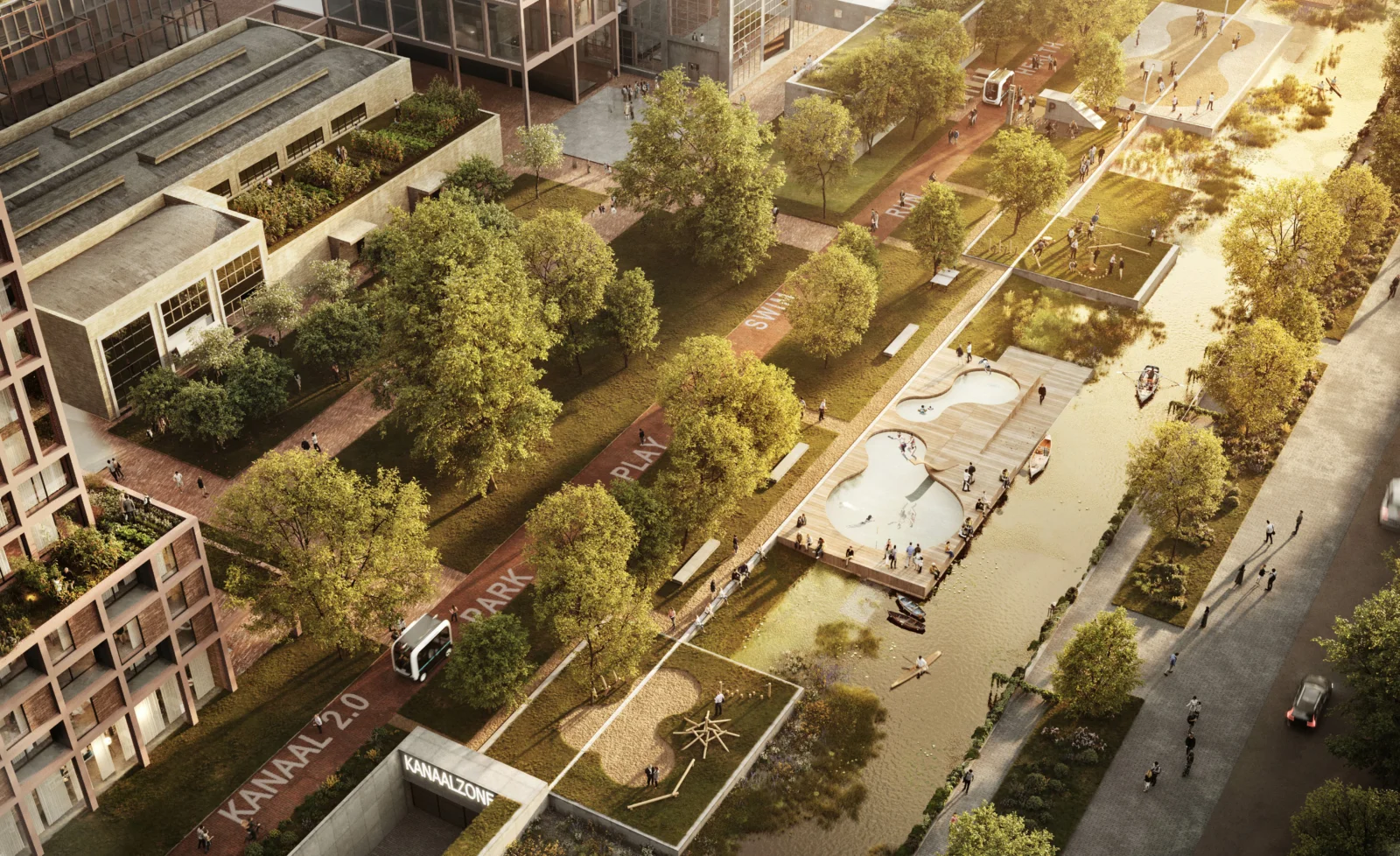Aerial rendering by DELVA showing a linear urban park flanking a canal with wooden boardwalk swimming pools and planted walking paths.