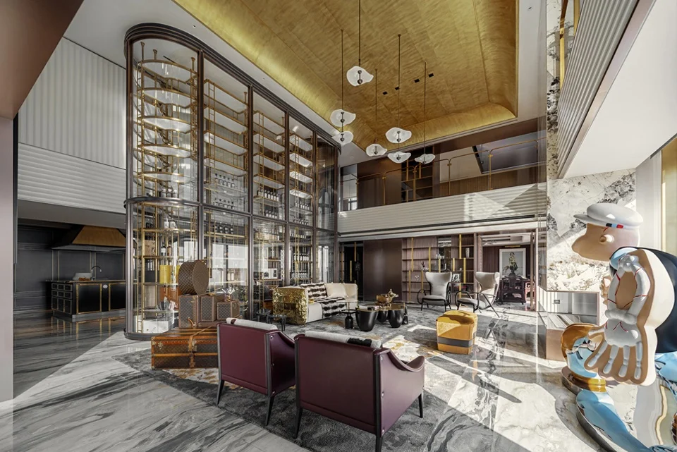 Double-height luxury living room in Shanghai by 十方圆国际 featuring a towering curved glass display case and gold ceiling.