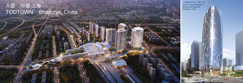 Aerial renderings by Ronald Lu & Partners showing urban masterplans with multi-level transit-oriented development and high-rise towers in Shanghai.