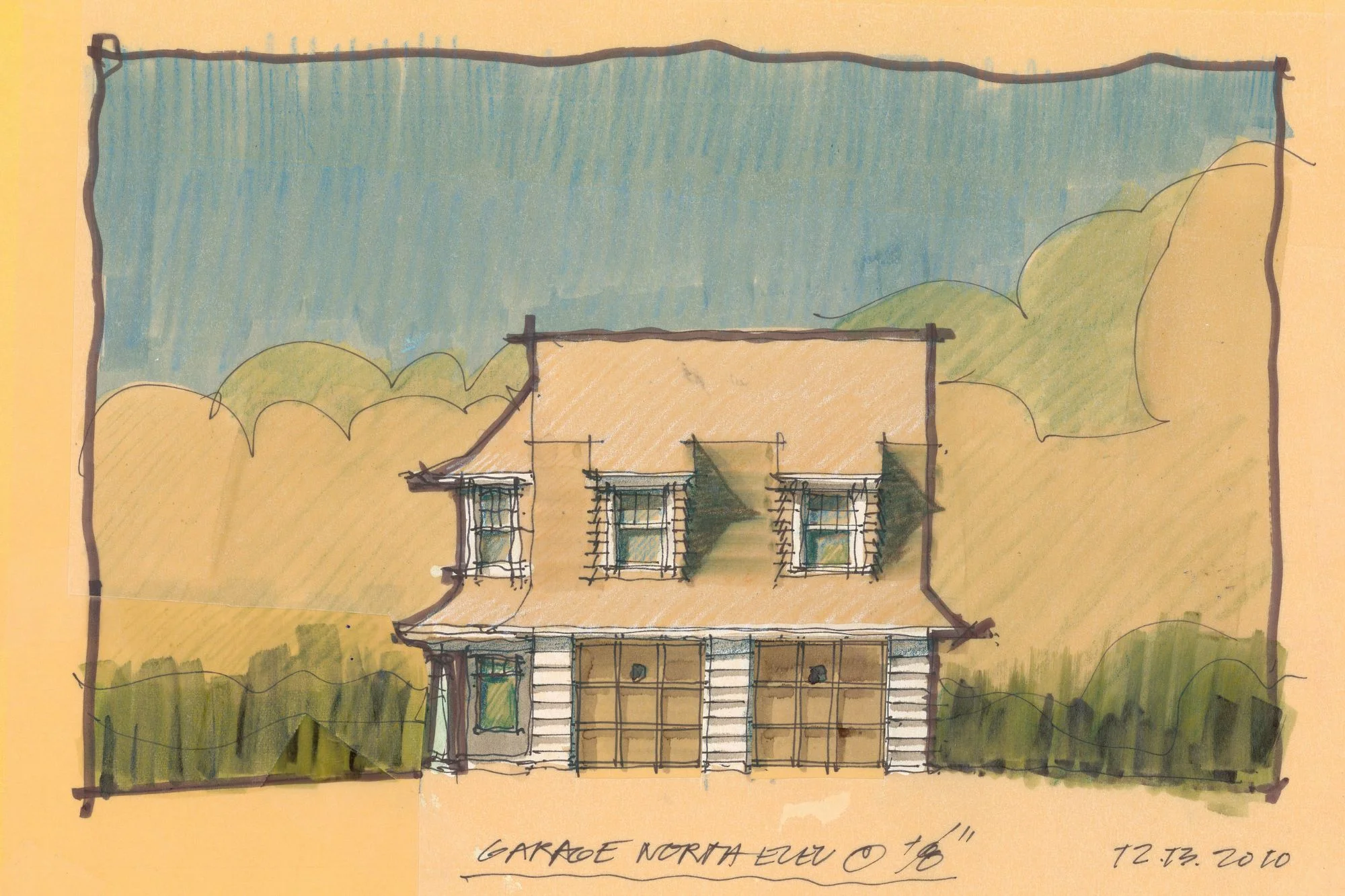 Hand-rendered architectural elevation drawing of a two-story garage with dormers and shingle siding by studioDSK.