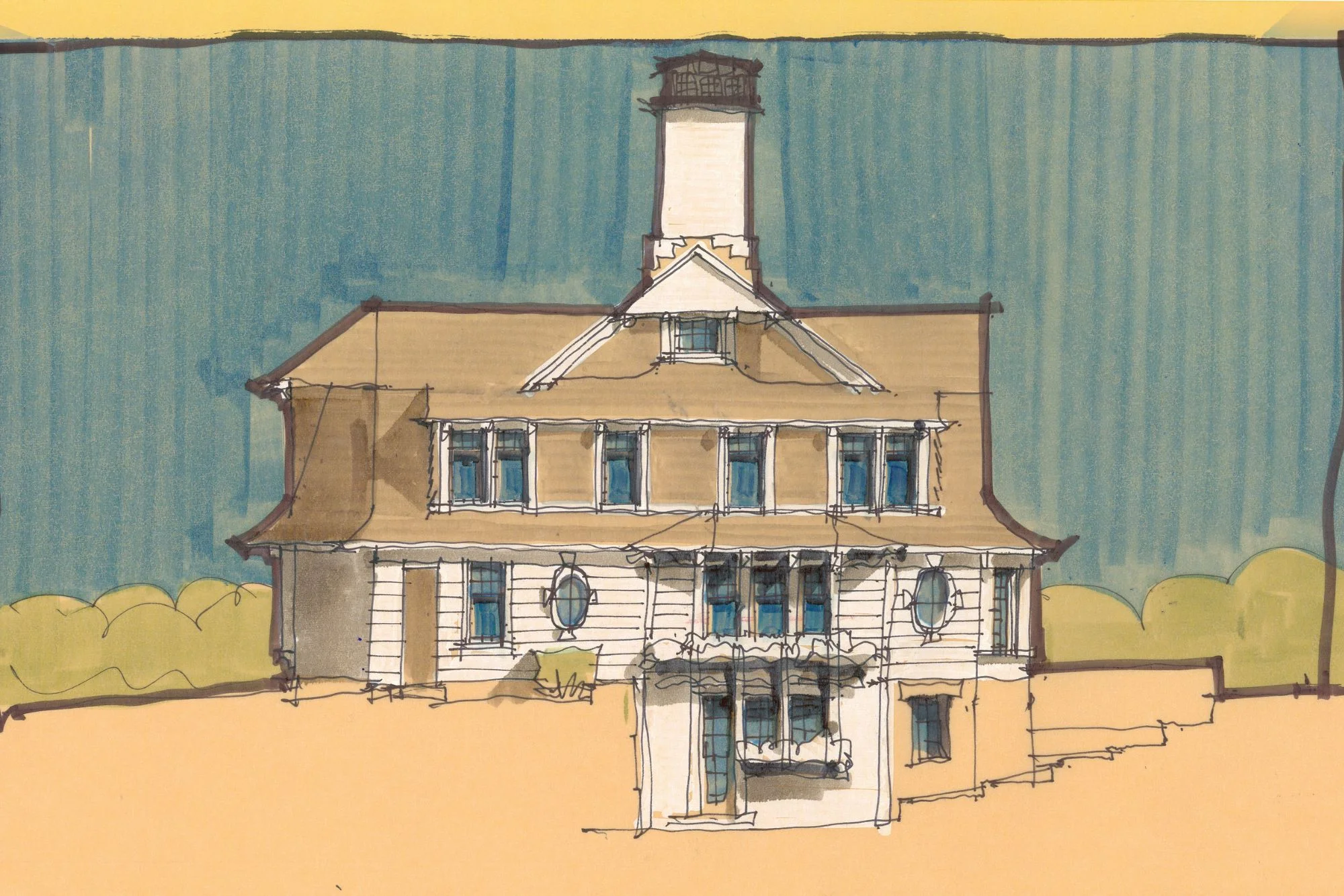 Architectural marker drawing of a seaside house facade elevation by studioDSK.