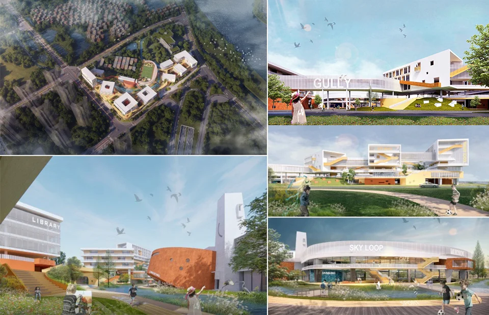 Composite architectural competition renderings by 城外建筑 showing aerial site layout and perspective views of a colorful school campus.
