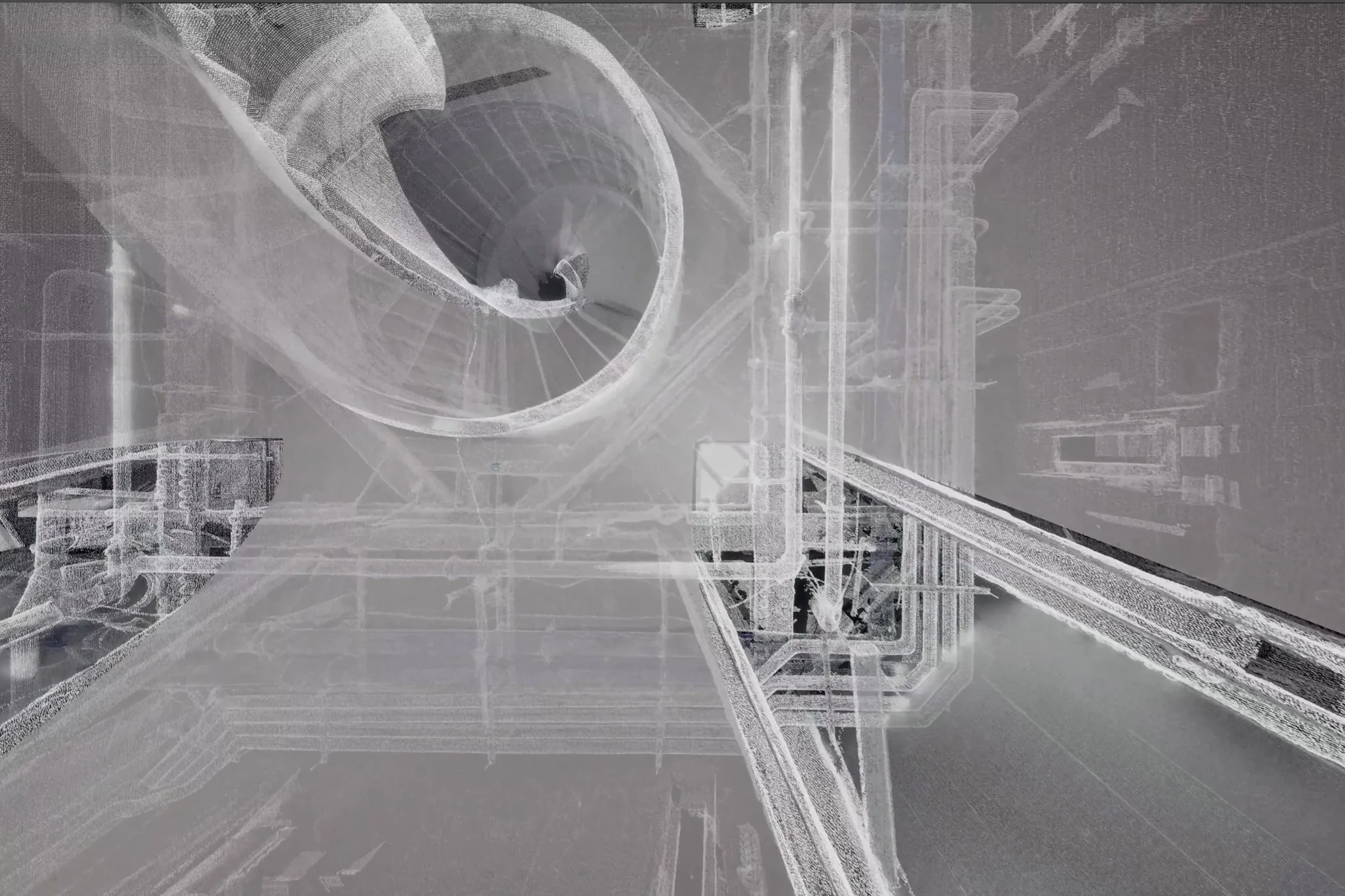 3D point cloud scan showing a complex helical stair and ductwork by David Hotson Architect.