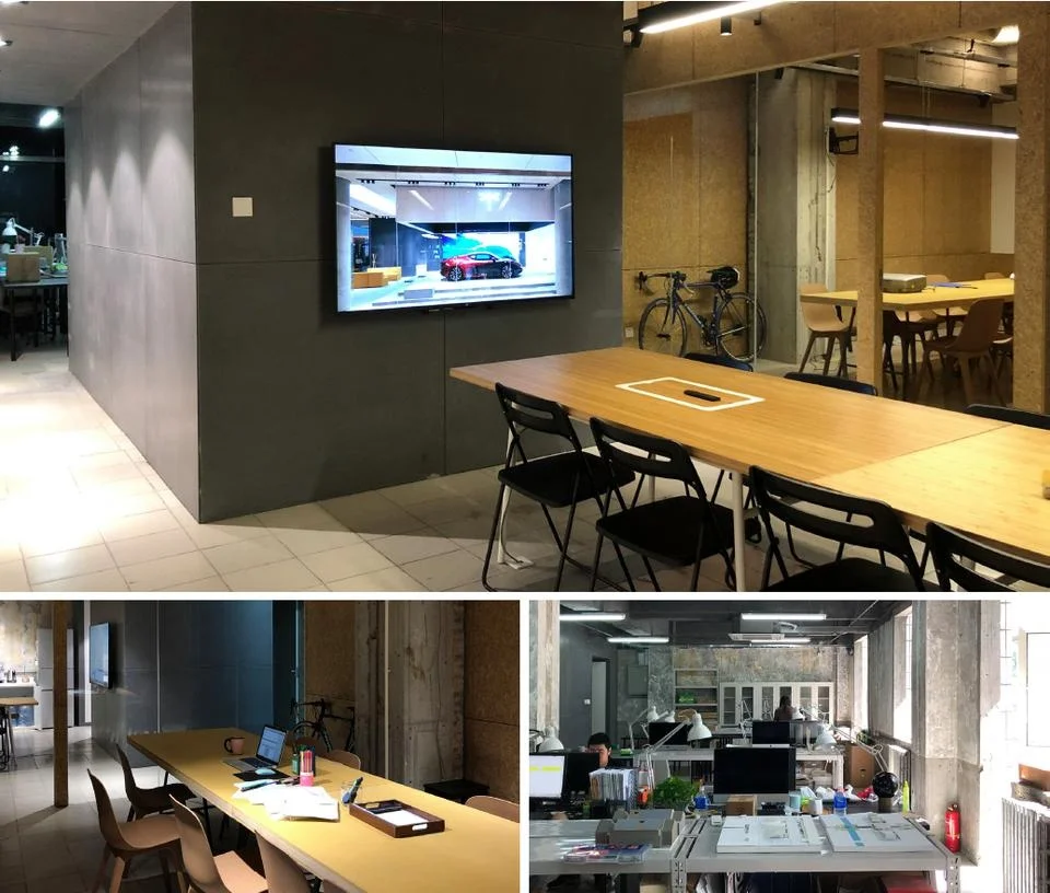 Composite view of a studio interior by 空间站建筑师事务所 in Beijing showing conference areas, raw concrete surfaces, and desk workspaces.