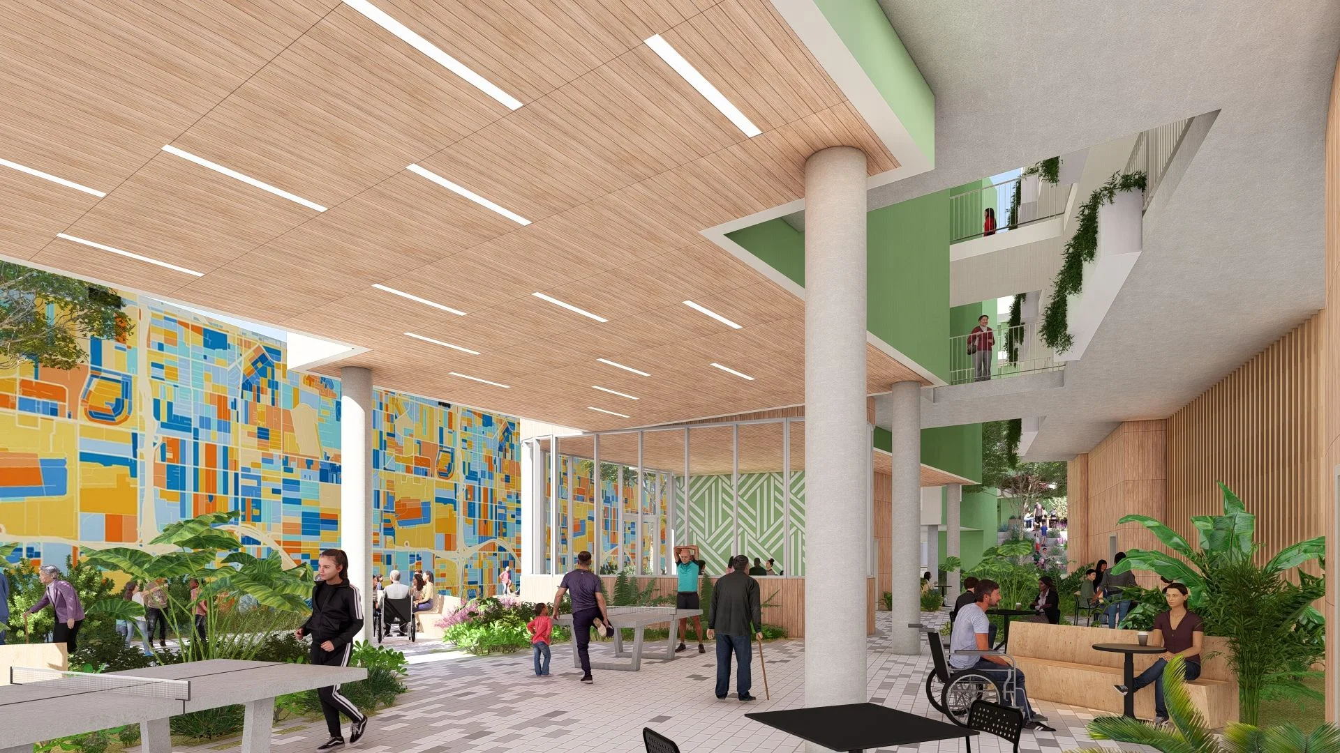 Covered outdoor community plaza by Practice with integrated timber ceiling slots, green walls, and active seating areas.