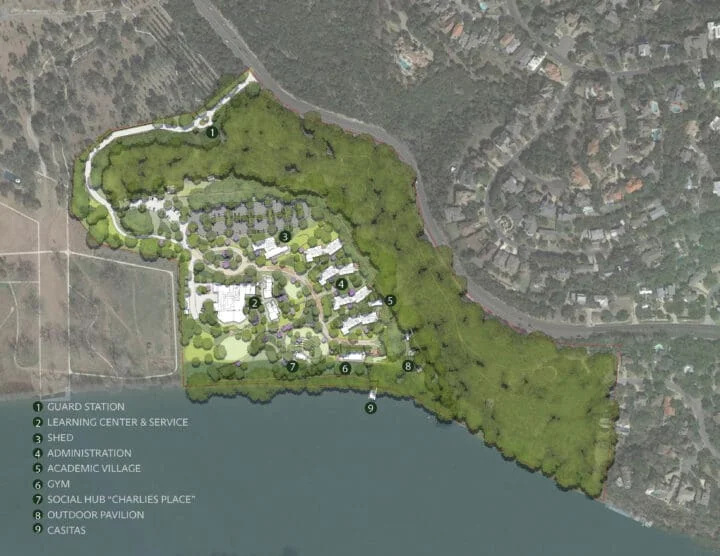 Aerial master plan site diagram showing cluster buildings along a forested waterfront by Lake Flato Architects.