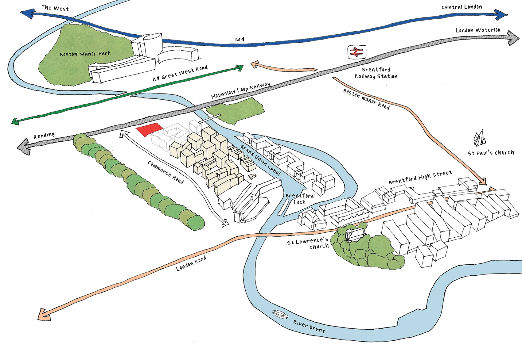 Axonometric site map diagram by Karakusevic Carson Architects for Commerce Road in TW8, showing surrounding canals, roads, and proposed massing.