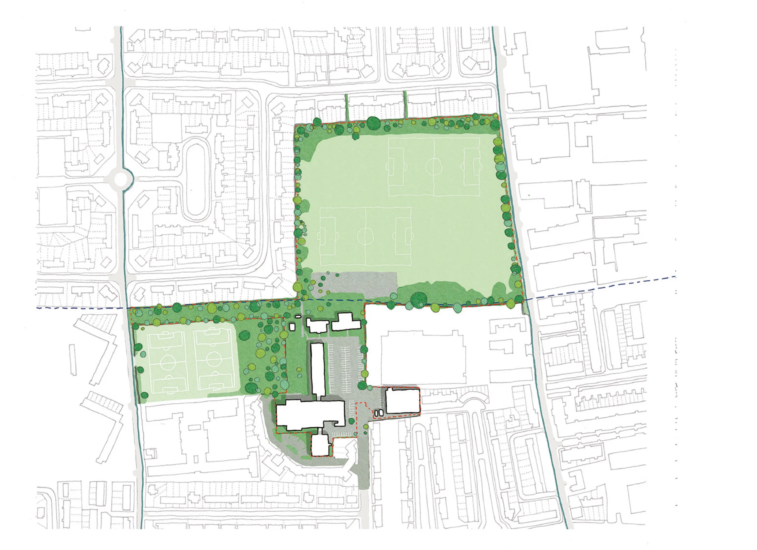 Masterplan site diagram for Selby Urban Village by Karakusevic Carson Architects, showing sports fields, building footprints, and surrounding street fabric.