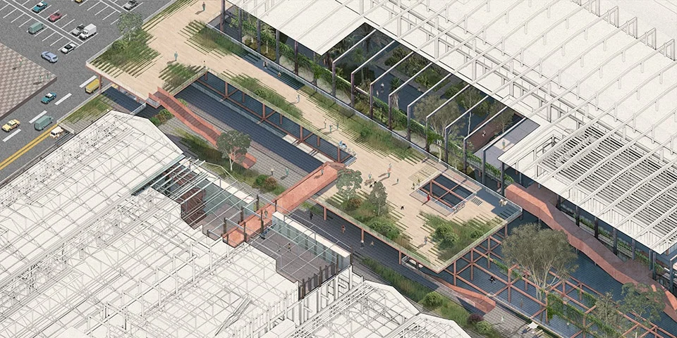 Axonometric section drawing by F.O.G. Architecture showing multi-level terraced public spaces and structural framing of the Shiyan Dongfeng Museum.