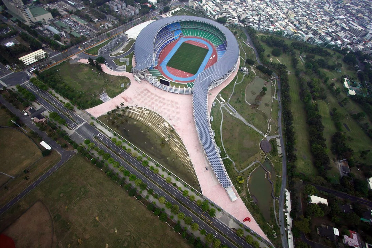 Aerial view of the spiral-shaped Main Stadium for The World Games 2009 in Kaohsiung by Toyo Ito.