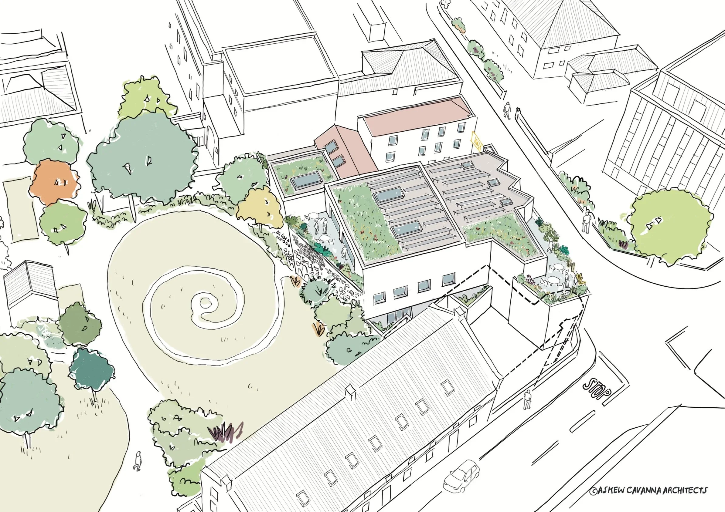 Aerial axonometric drawing by Askew Cavanna Architects showing a building with green roofs next to a park with a spiral motif.