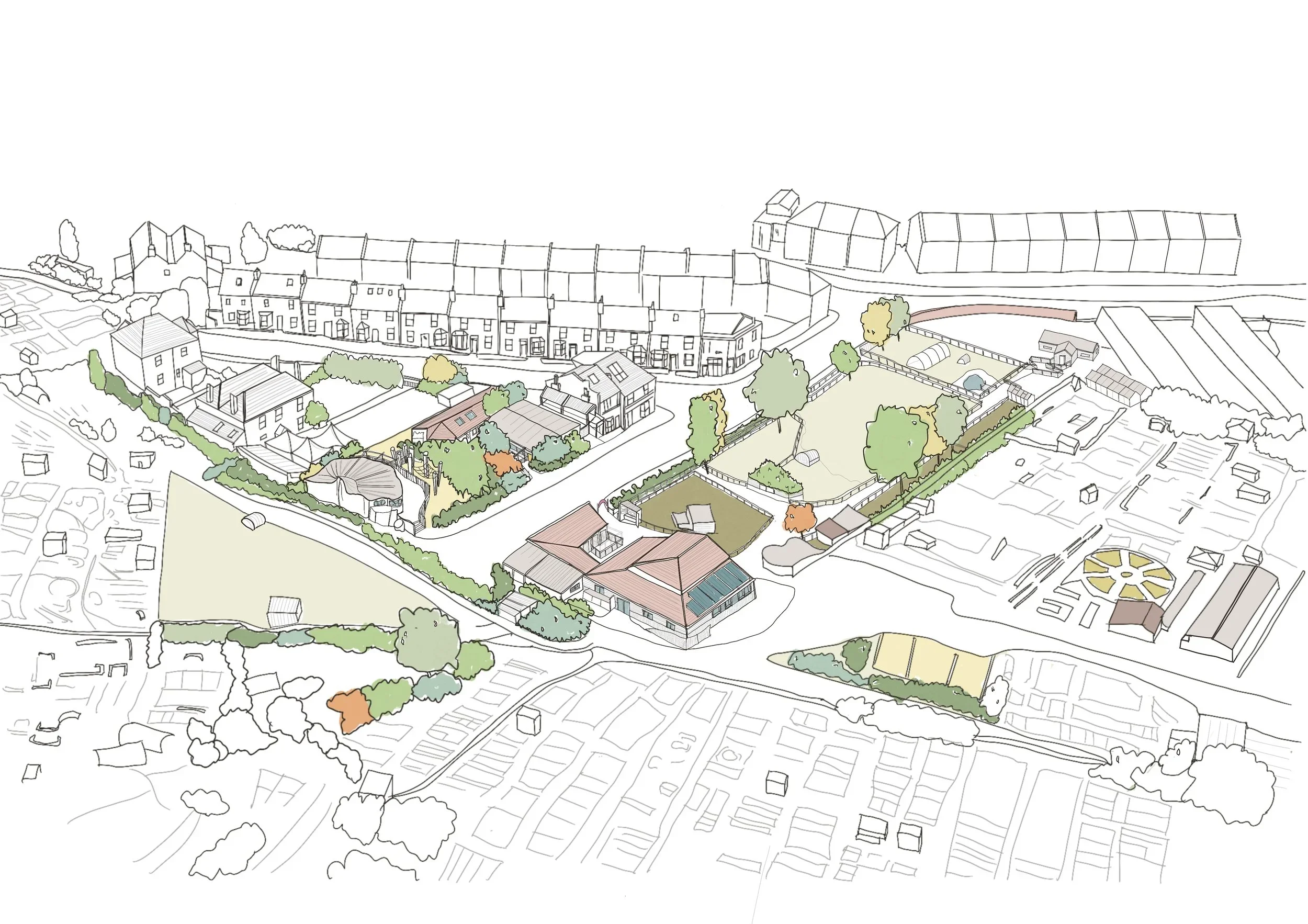 Axonometric site sketch with watercolor washes by Askew Cavanna Architects showing a community masterplan and terraced housing integration.