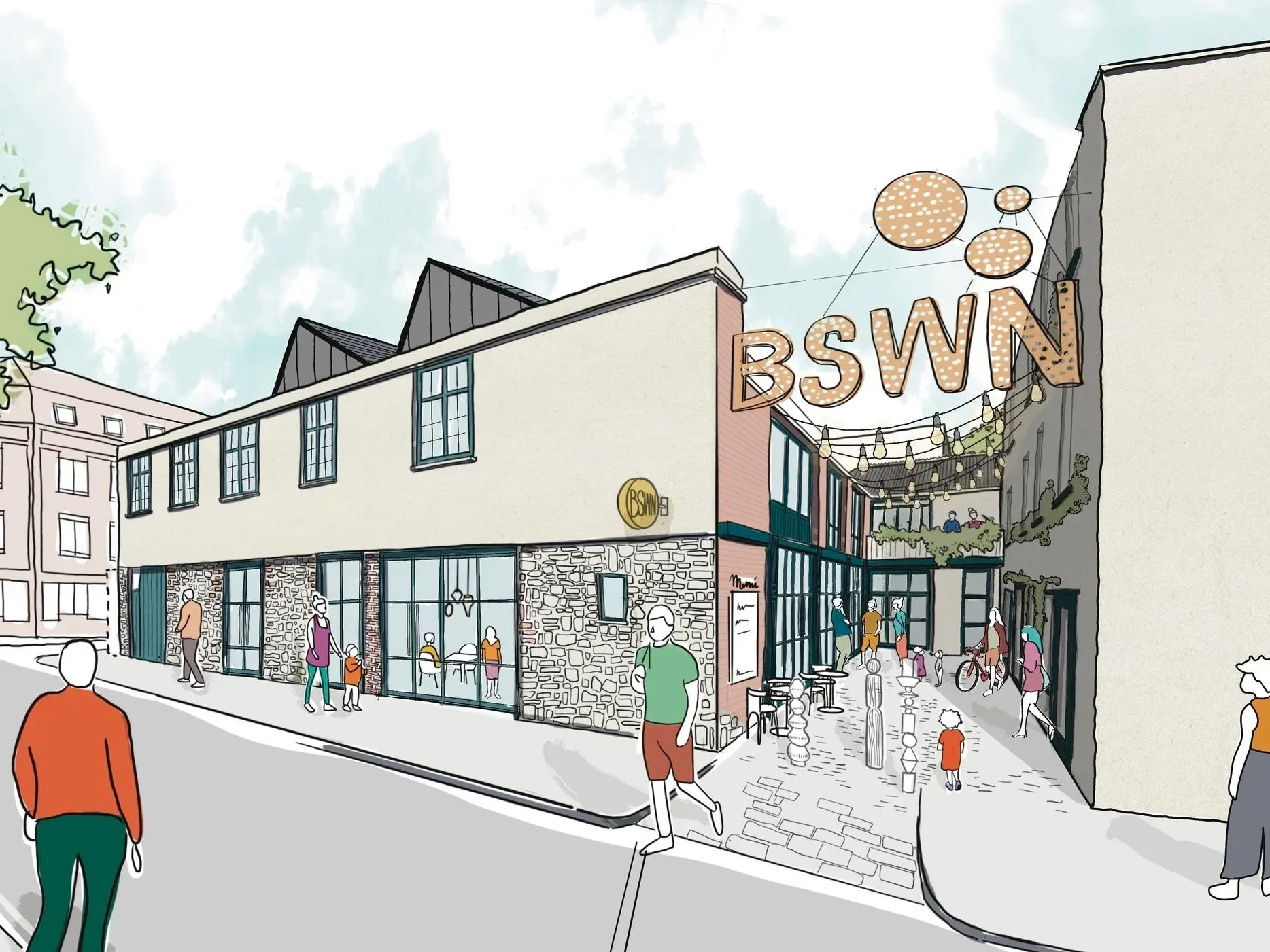 Architectural perspective drawing of Black South West Network HQ by Askew Cavanna Architects, showing a restored stone and stucco street facade leading into an activated courtyard.
