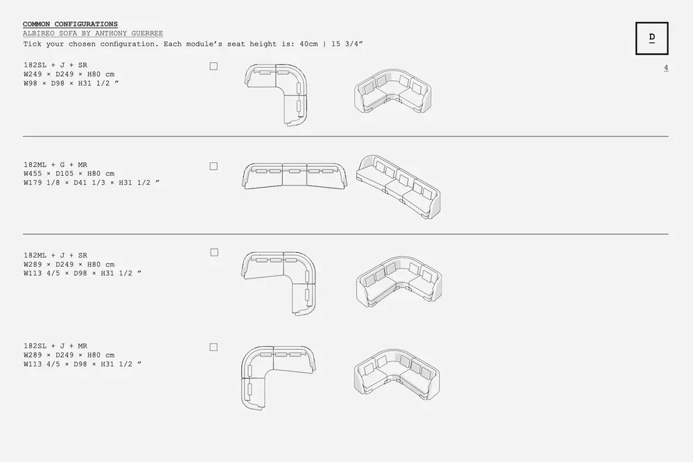 Product catalogue page showing orthogonal top plans and axonometric diagrams of modular sofa configurations by Anthony Guerrée for De La Espada.