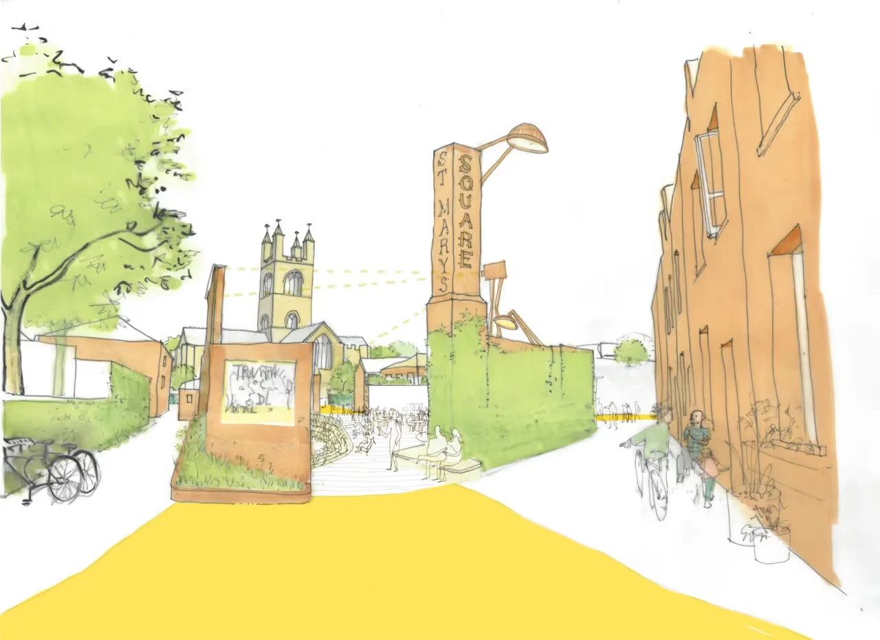 Perspective sketch by Ash Sakula showing a public square entry framed by signage and historic church towers.