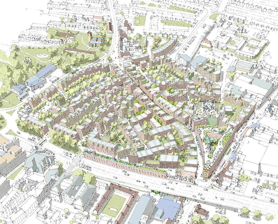 Axonometric ink-and-watercolor masterplan drawing of Anglia Square by Ash Sakula, showing high-density urban residential fabric.