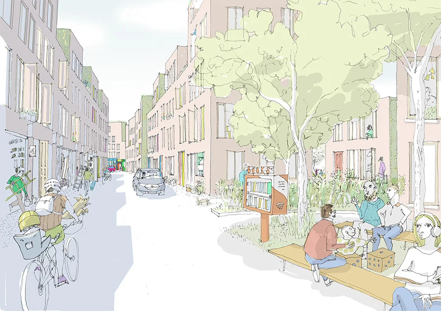 Architectural sketch perspective of Anglia Square by Ash Sakula showing a pedestrian-scaled urban street with timber seating and greenery.