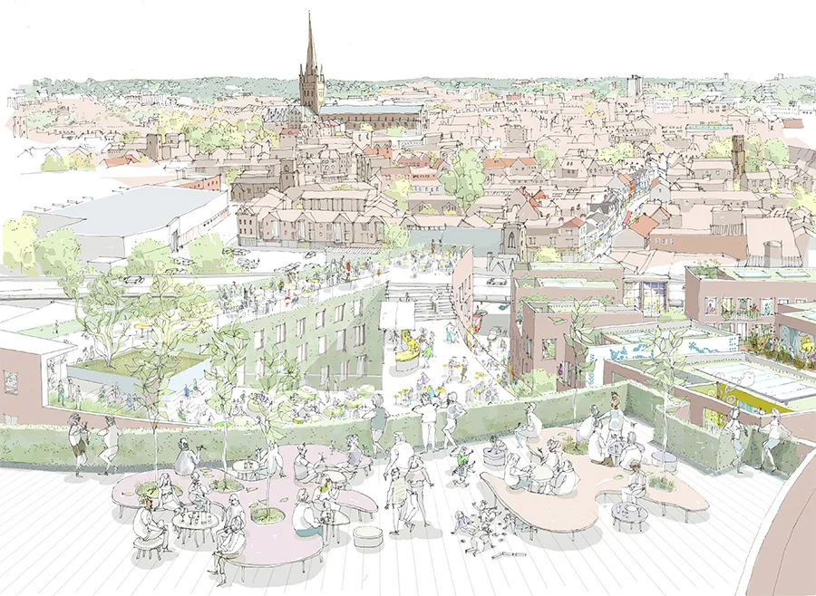 An architectural perspective sketch by Ash Sakula showing a rooftop terrace and masterplan view for Anglia Square, featuring organic seating and urban context.
