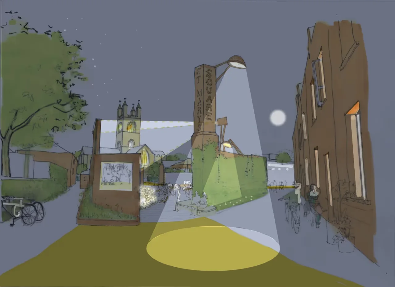 Conceptual night sketch of St Marys Square by Ash Sakula, showing public realm lighting and signage.
