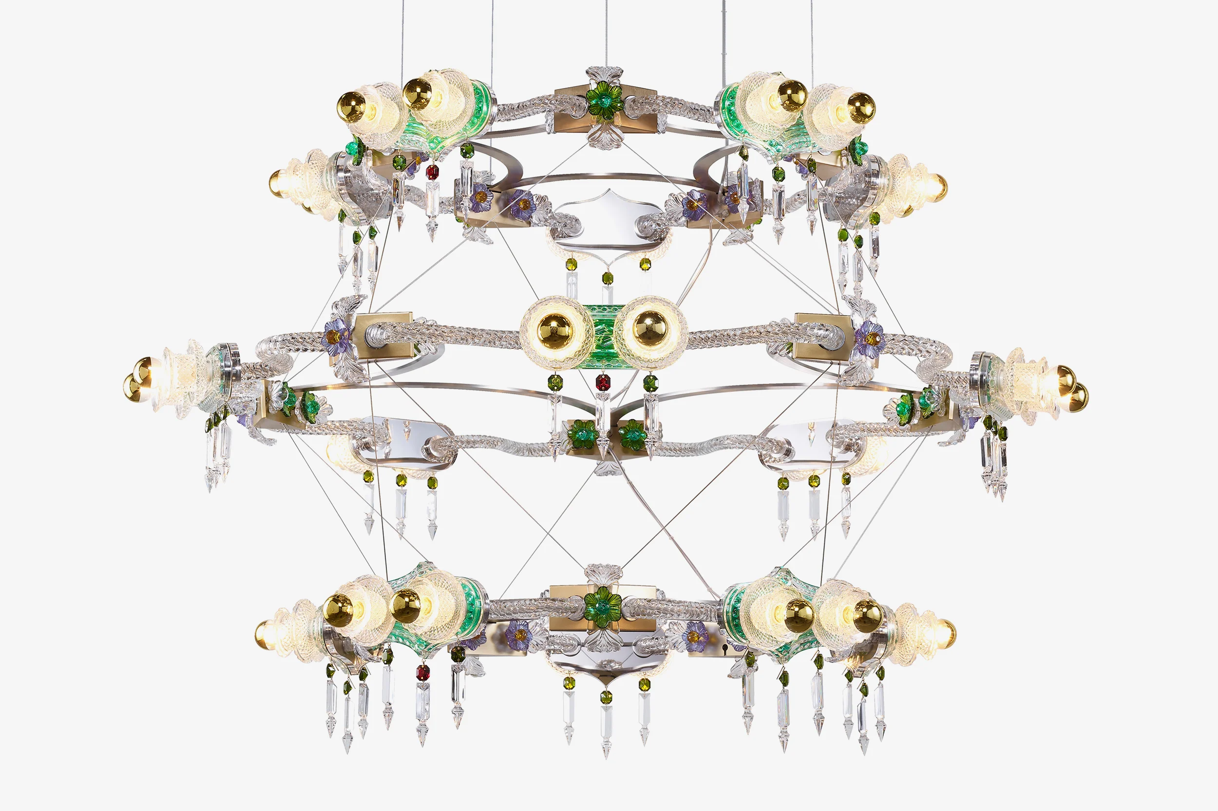 Mille Fleurs chandelier by Bethan Laura Wood for Baccarat, featuring multi-tiered rings of crystal, glass flowers, and brass details.