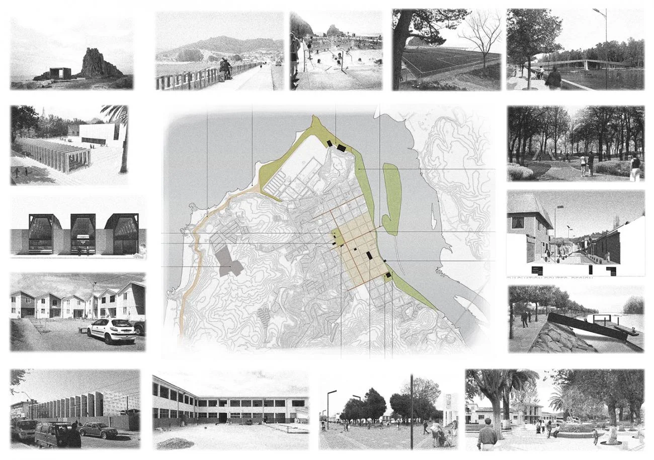 Urban masterplan map of Constitución by Alejandro Aravena, bordered by sixteen black and white project vignettes.