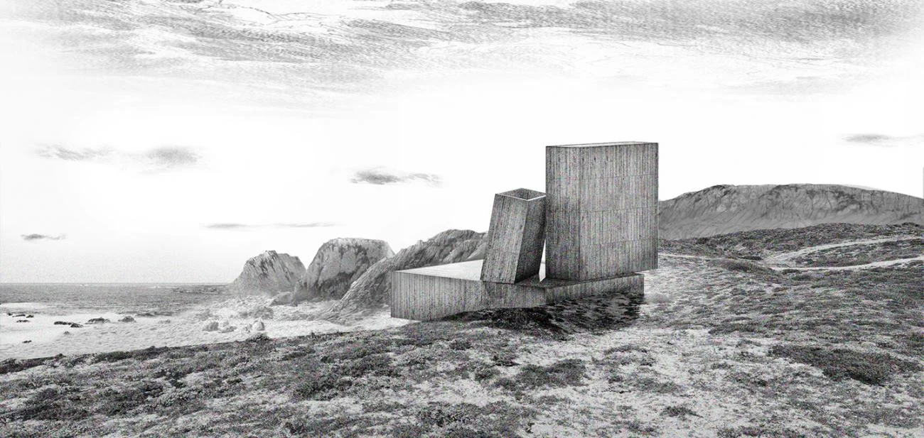Monolithic concrete volumes leaning together on a coastal cliff in a sketch of Ocho Quebradas House by Alejandro Aravena.