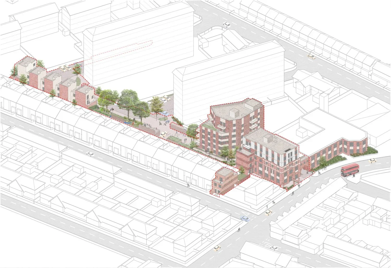 Axonometric site plan illustration of brick housing blocks and landscape by Adam Khan Architects.