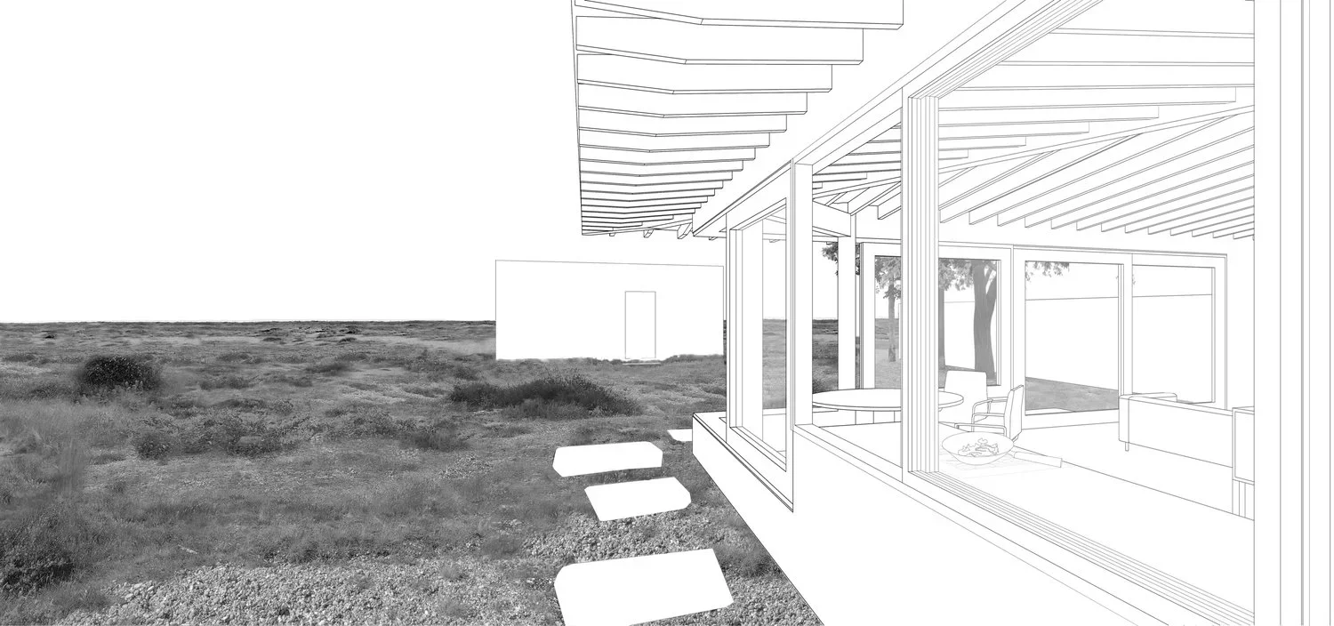 Perspective line drawing overlay on a photographic landscape by Adam Khan Architects showing a coastal house interior and stepping stones.