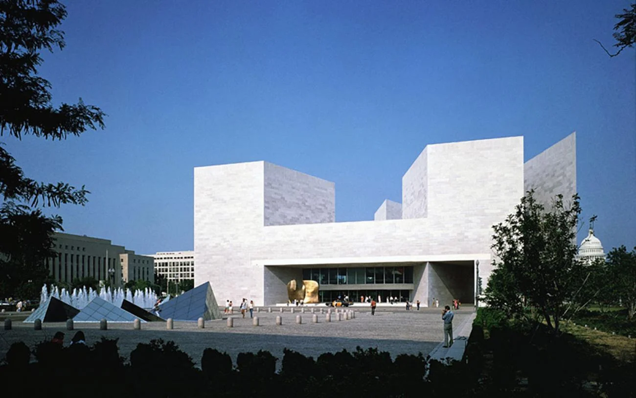 The geometric marble facade of the National Gallery of Art East Building in Washington DC, designed by I.M. Pei.