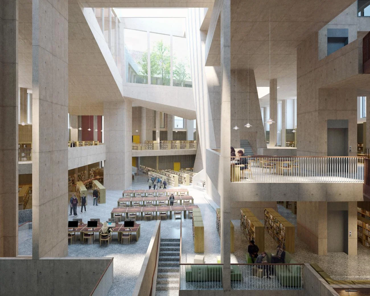 Rendering of the Parnell Square City Library interior showing a multi-level concrete atrium with skylights.