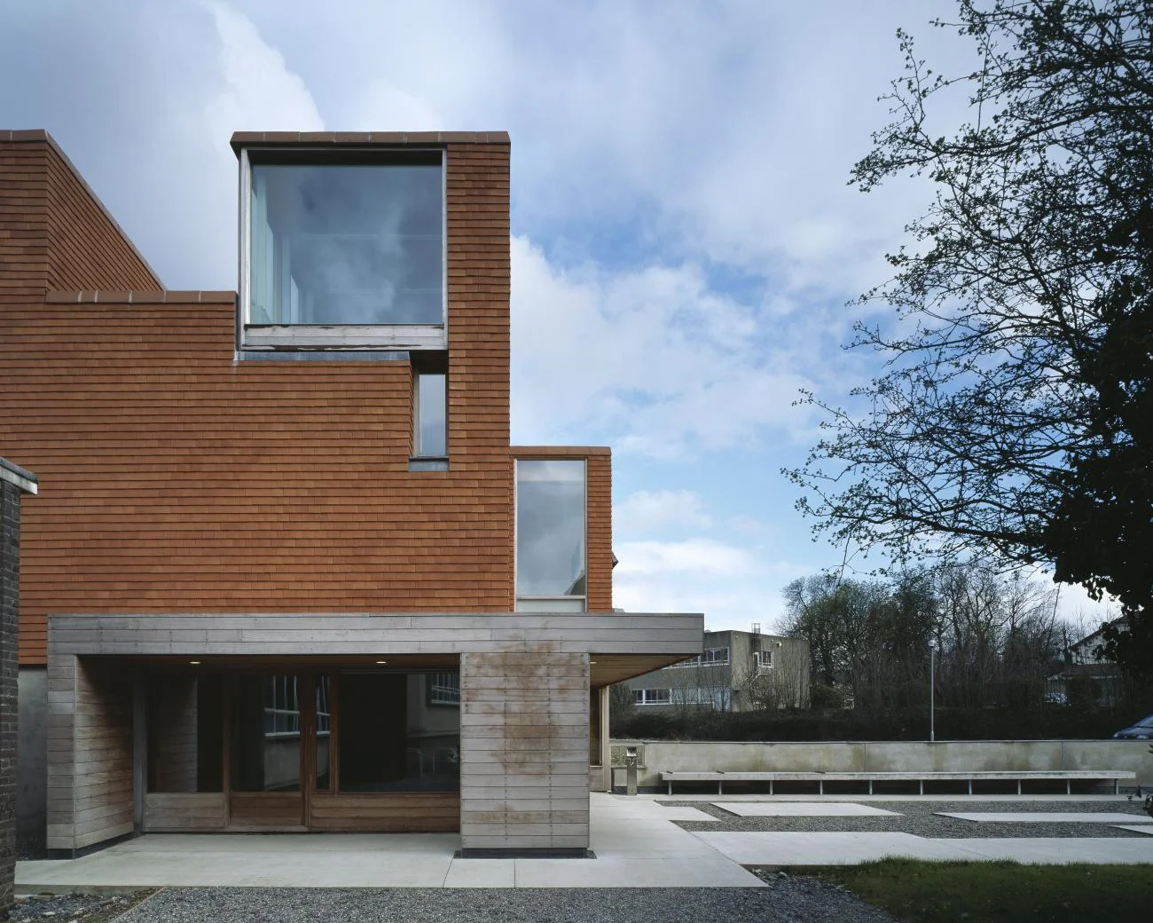 The terracotta and timber exterior facade of the Urban Institute of Ireland in Dublin.