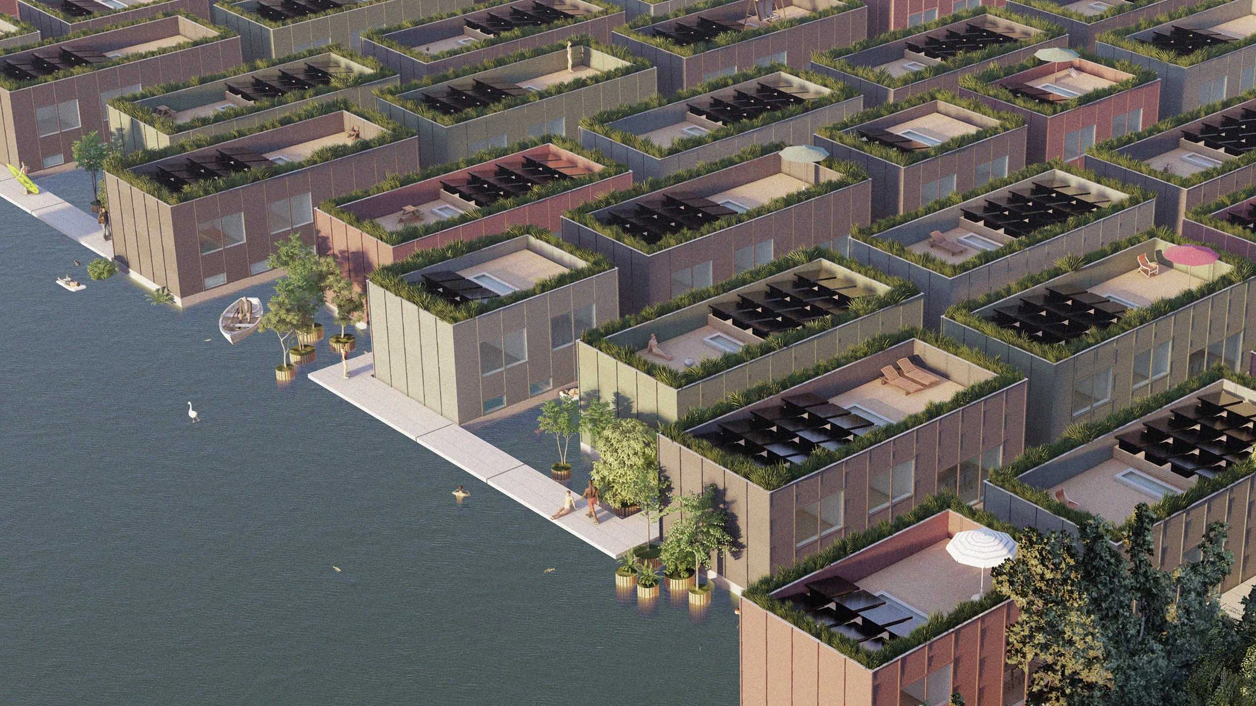 High aerial view of floating housing modules with green roofs arranged on water by Julius Taminiau Architects.