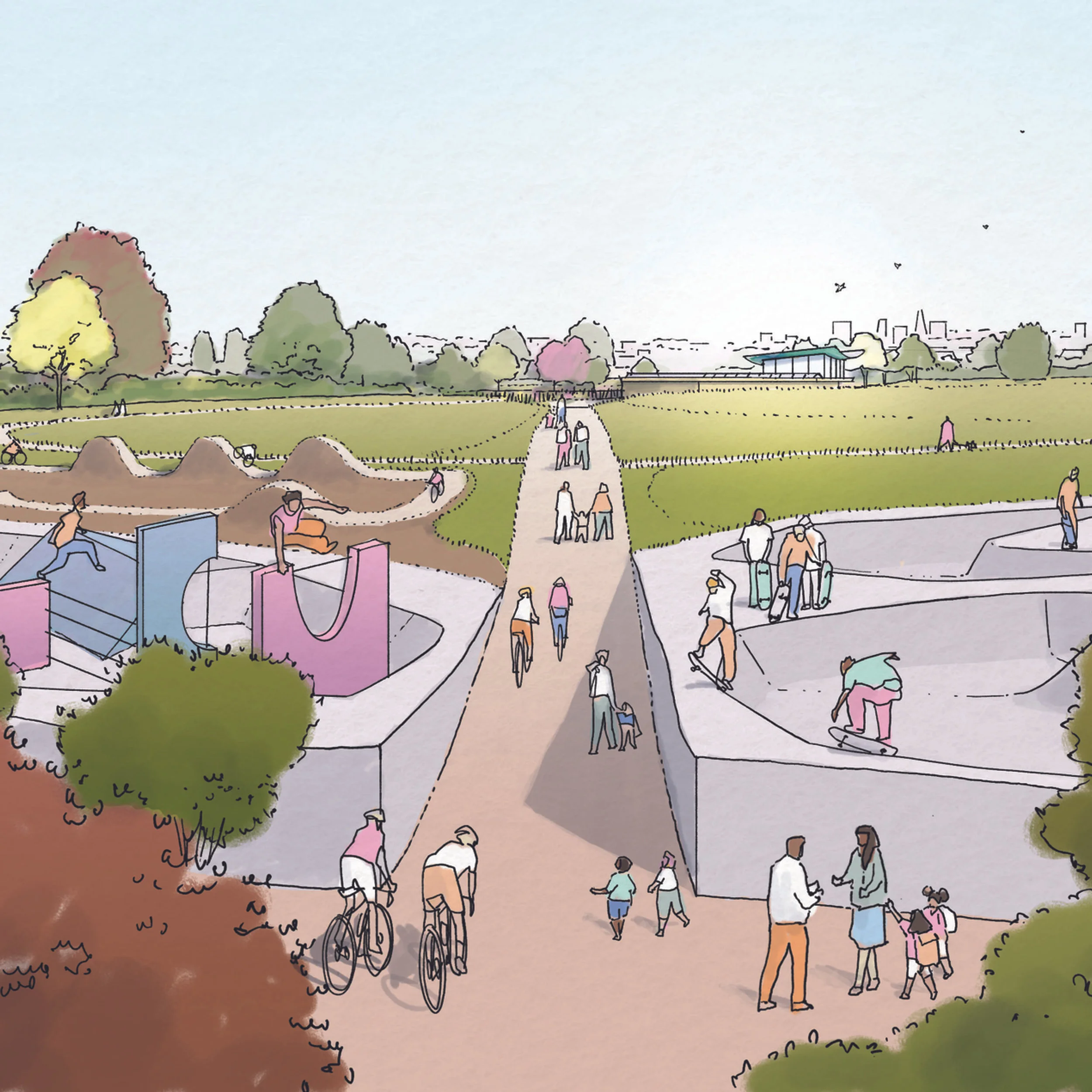 Illustrated master plan view of a park featuring concrete skate bowls, bike paths, and recreational mounds by NOOMA Studio.