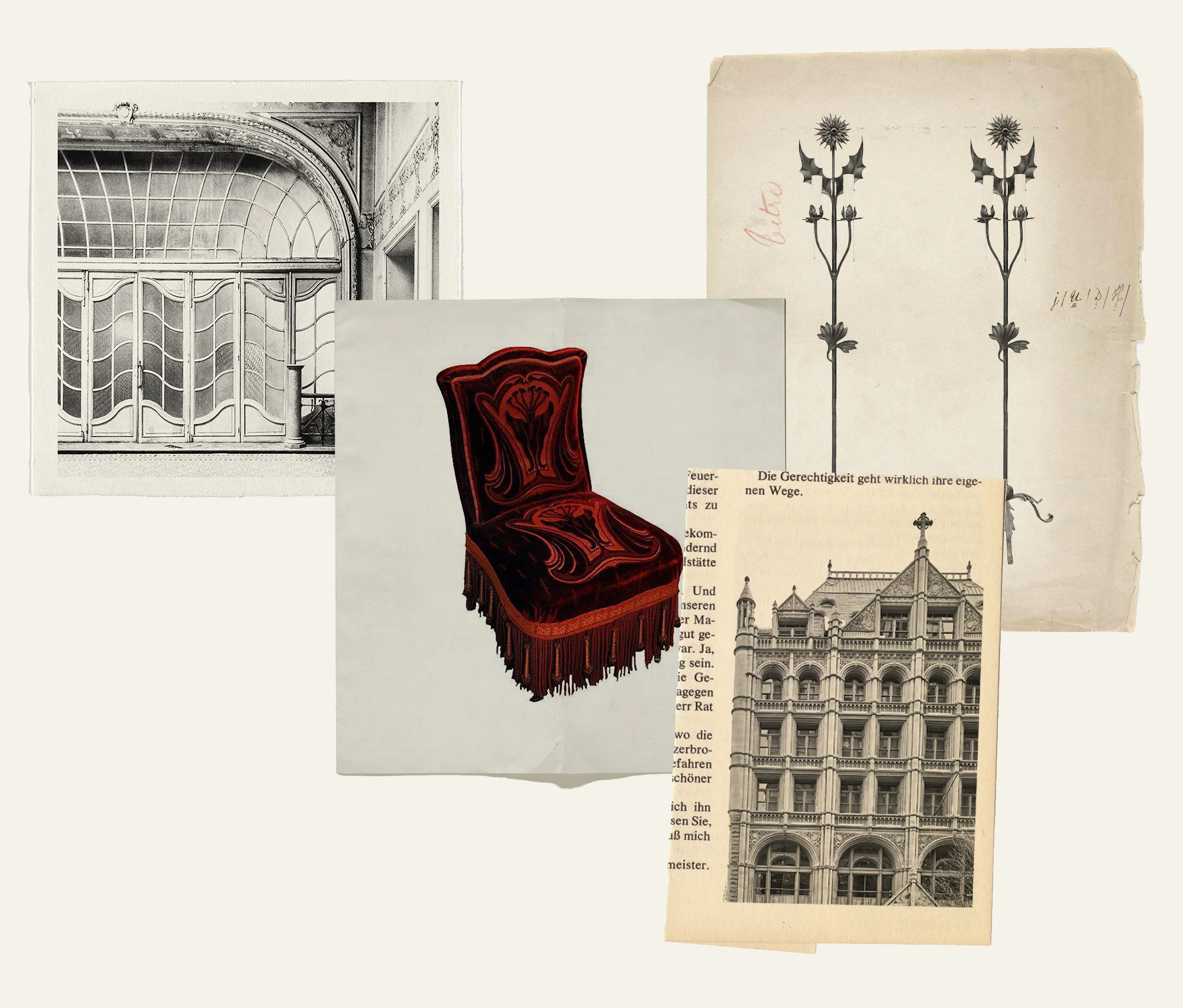 Collage of historical architectural drawings, ornamental botanical motifs, a red velvet upholstered chair, and building facade photographs by Grecodeco.