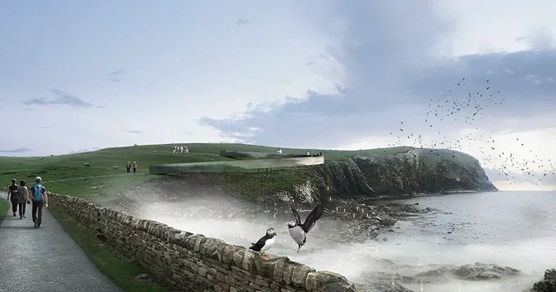 Rendering by Galmstrup Architects showing a low coastal intervention embedded into a green cliffside beside the sea, featuring stone walls and puffins in the foreground.
