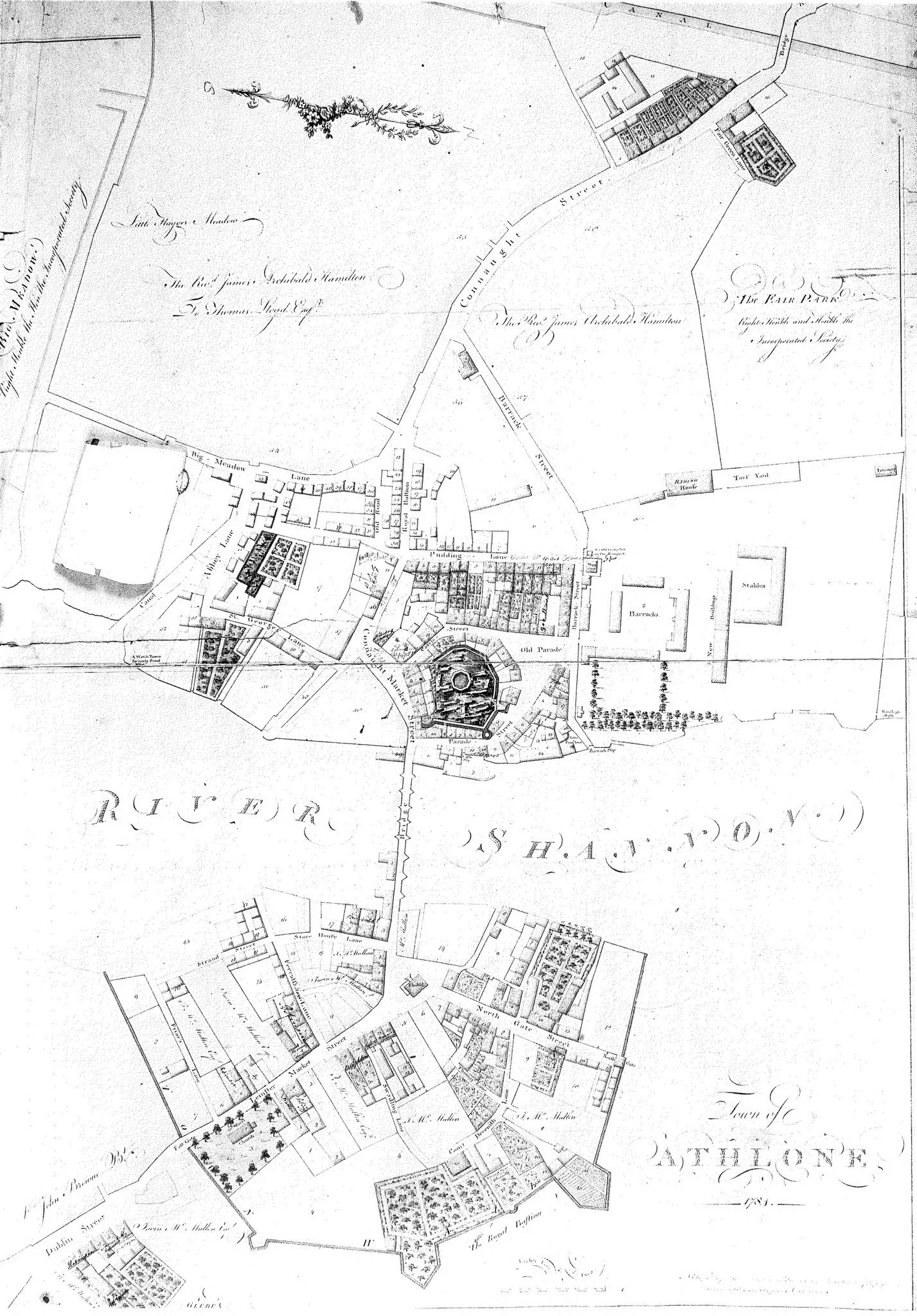 Historical 1781 town plan and map of Athlone showing the River Shannon, fortifications, and street layout.